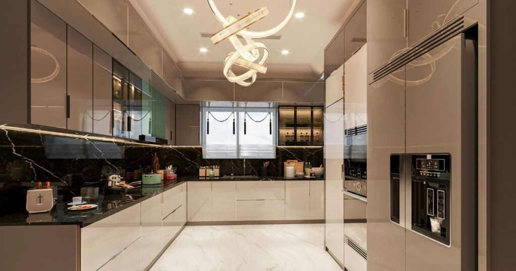 Modern luxury kitchen with glossy cabinets, black marble countertops, built-in wall ovens, and sculptural pendant lighting.